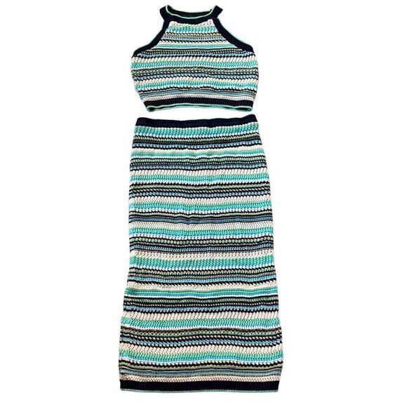 Rachel Zoe crochet green striped cropped skirt set size M - Picture 1 of 11